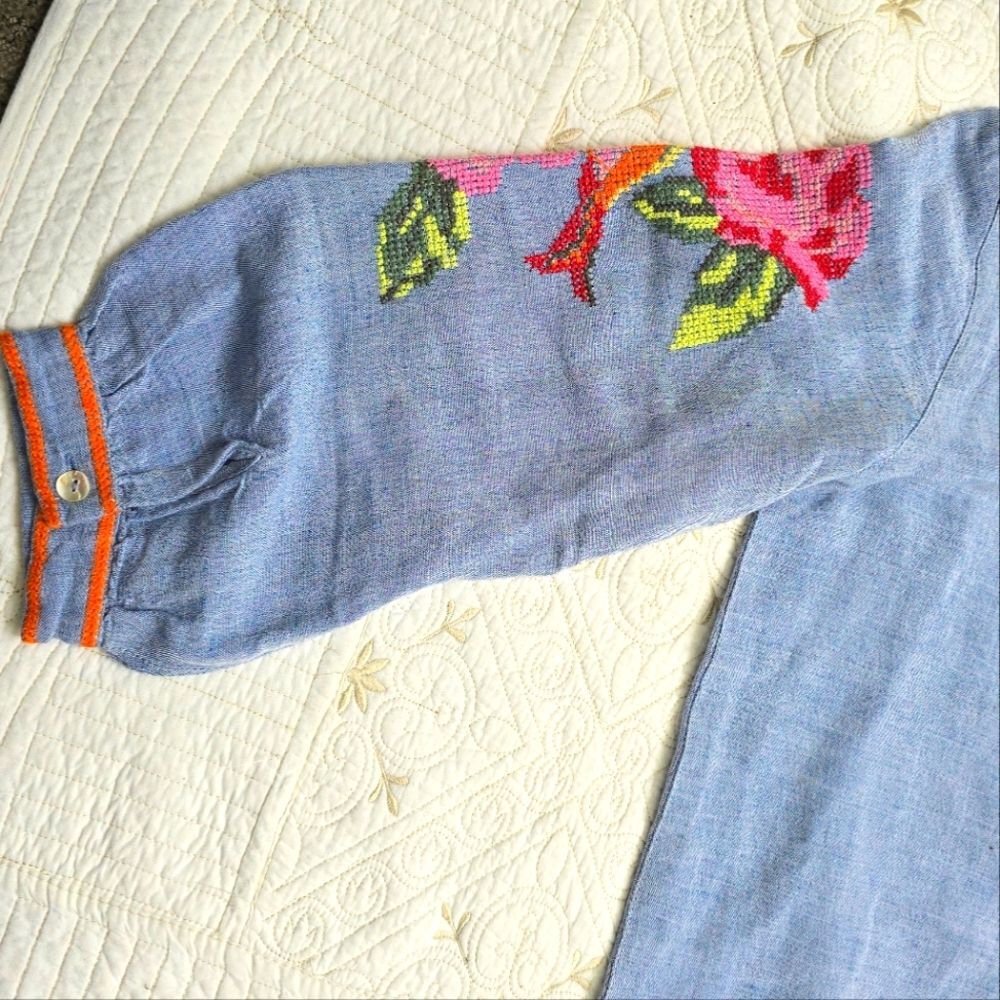 True Luxe Jeans Embroidered Popover Linen Top Sz S Floral Boho Cottage - Picture 7 of 7
